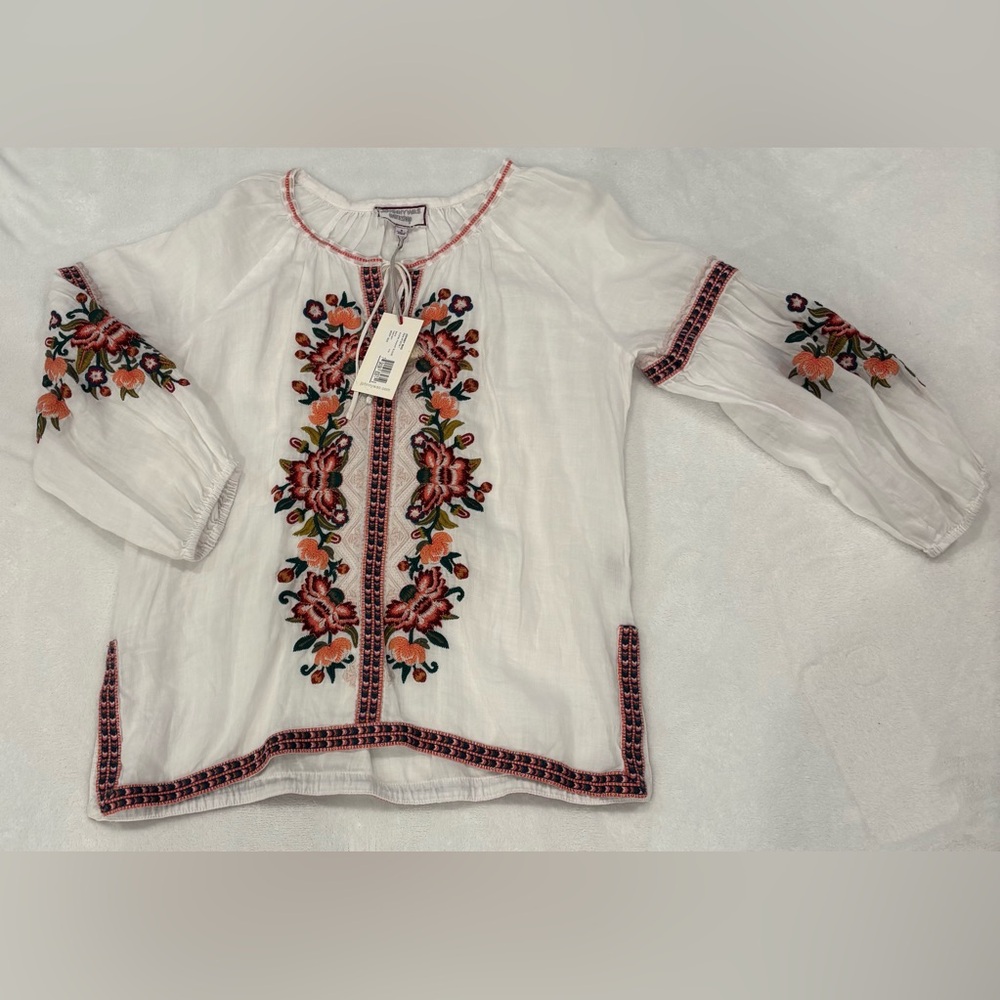 Johnny Was Workshop White Blouse with Red and Green Embroidery